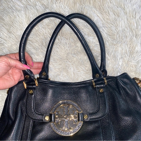 Tory Burch Amanda black pebbled leather double handles w shoulder strap hand bag - Picture 11 of 16